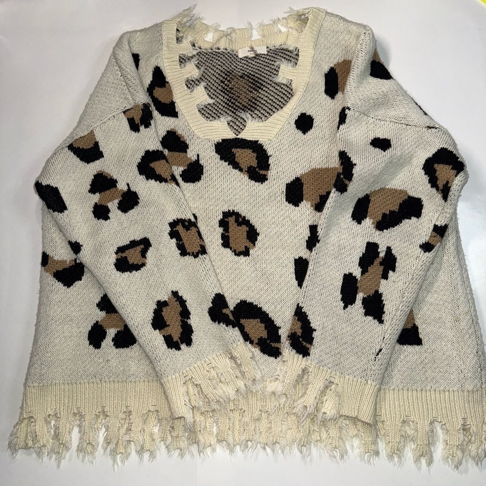 Anthropologie Entro Leopard Sweater V Neck Size Large Heavy Knit Distressed Hem - Picture 2 of 11